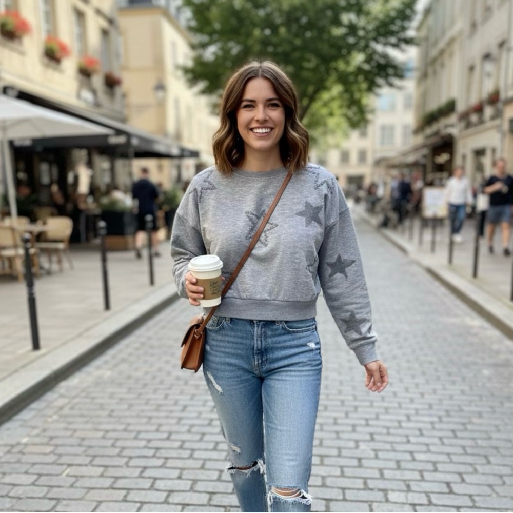 Hippie Rose Gray Star Print Cropped Sweatshirt